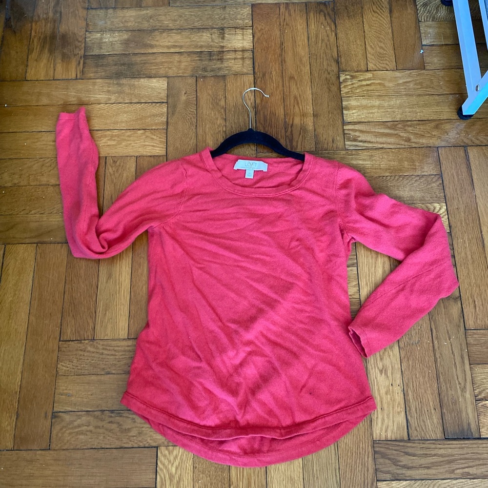 LOFT Lightweight Knit Top Bright Coral Pink XS Long Sleeve Soft Tee